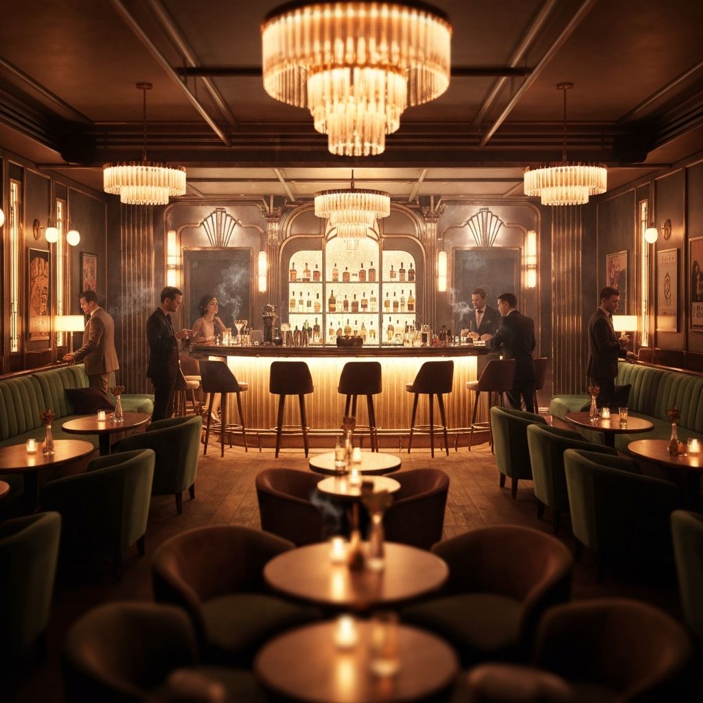 Art deco inspired cocktail lounge with illuminated bar