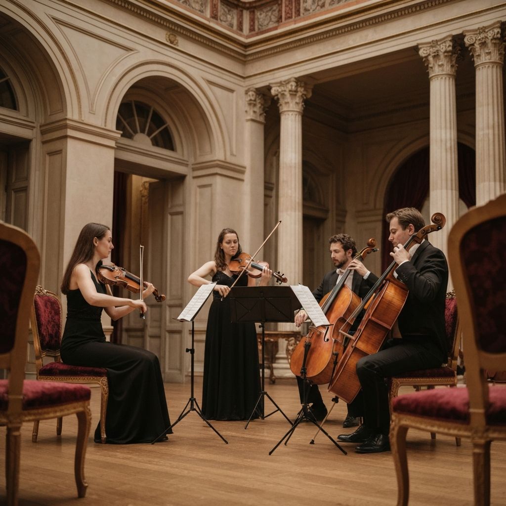 Chamber music quartet performing in intimate elegant venue