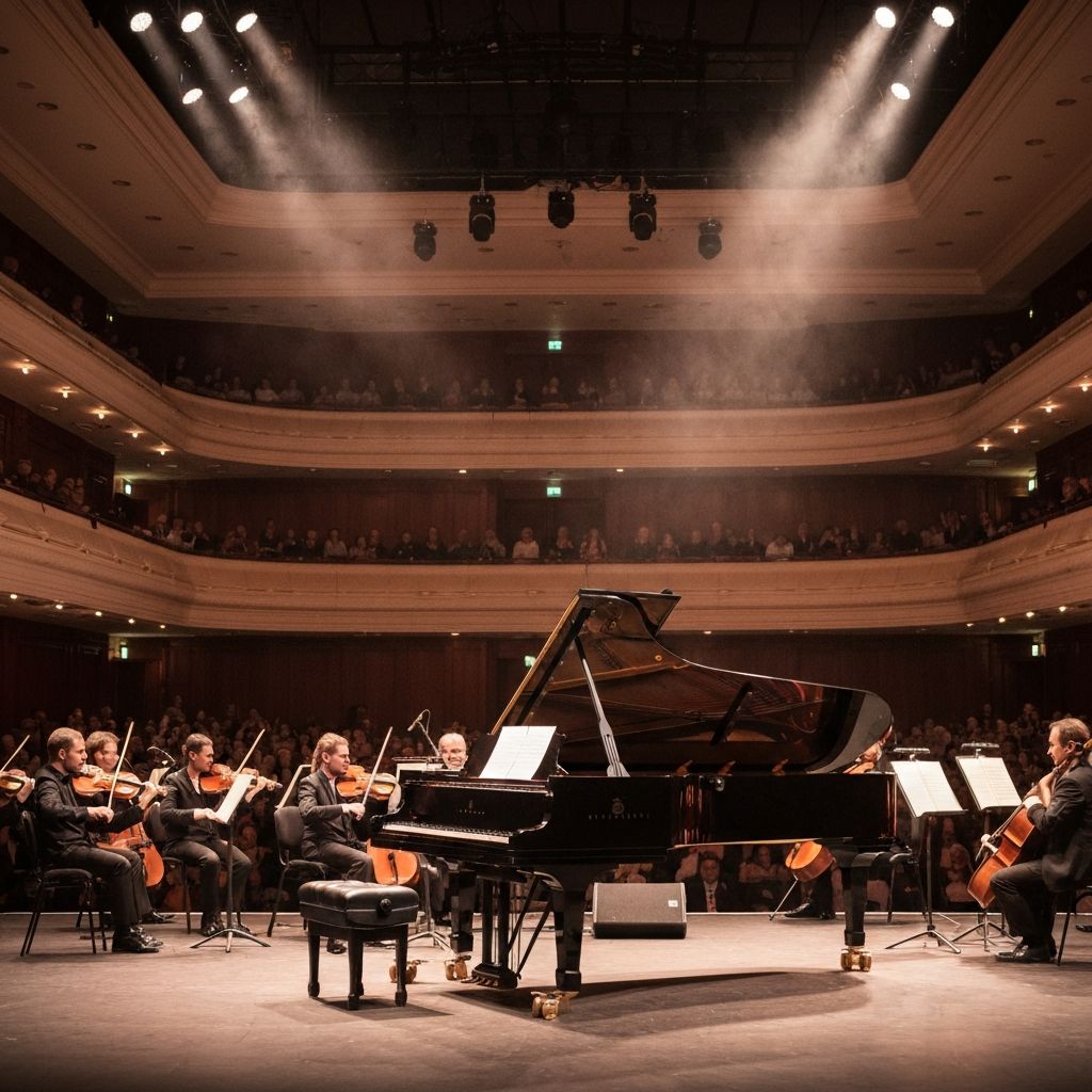 Grand piano under dramatic spotlight during concert