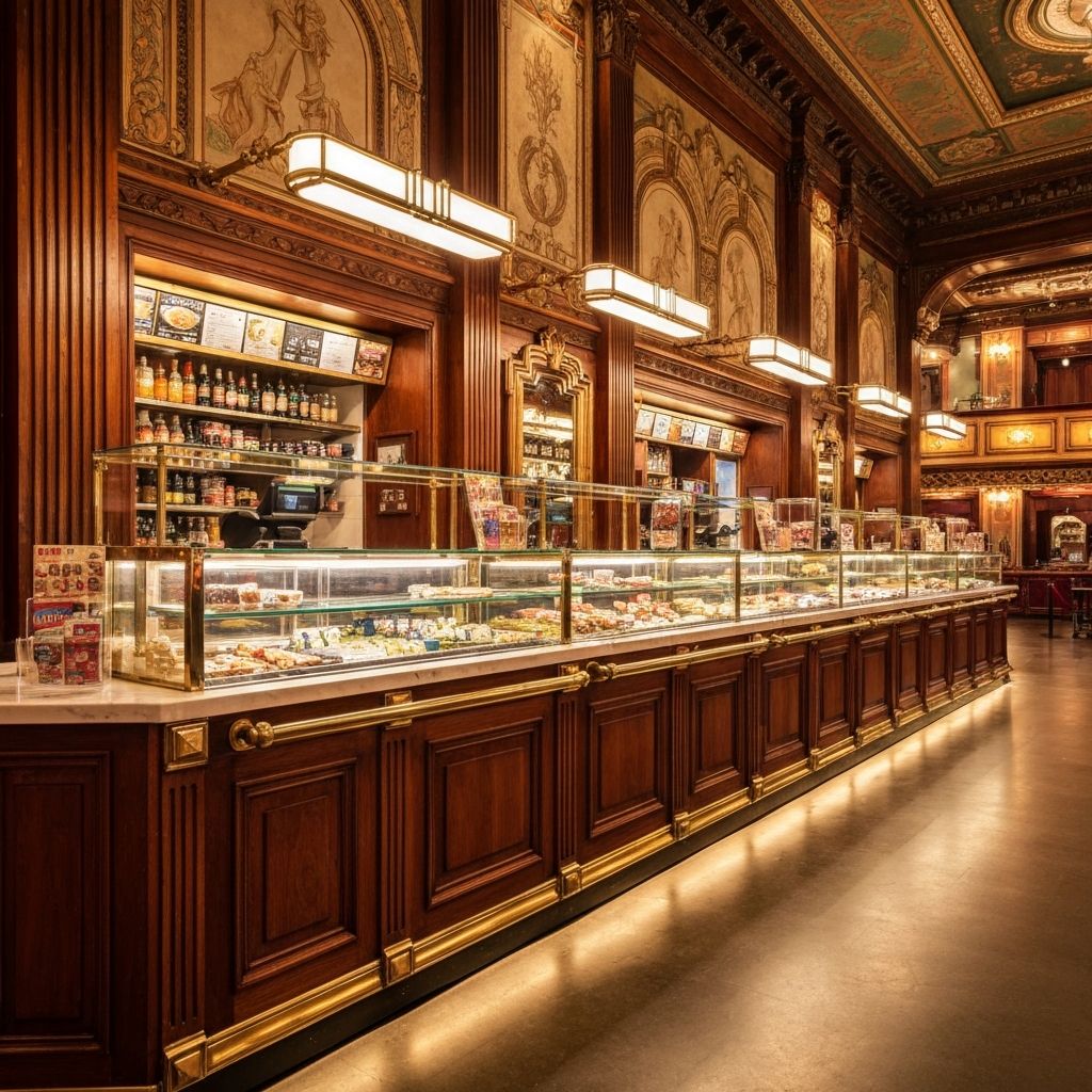 Elegant patrons in vintage theatre lobby with chandeliers