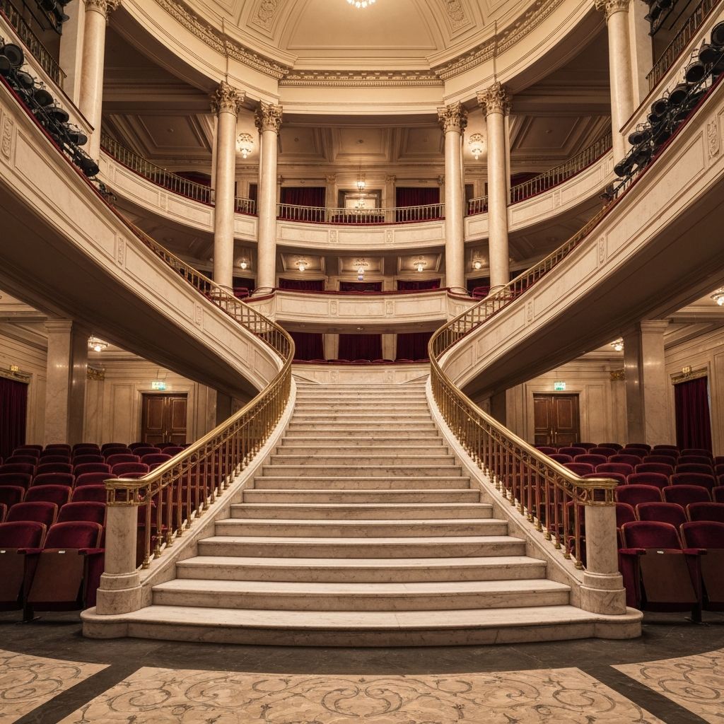 Sweeping grand staircase with marble steps and brass railings