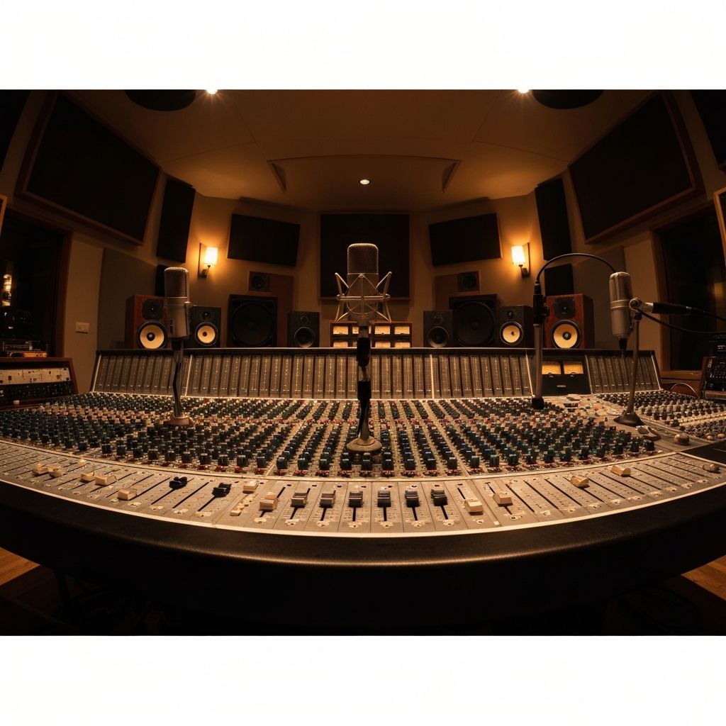 Vintage recording studio with analog equipment and warm lighting